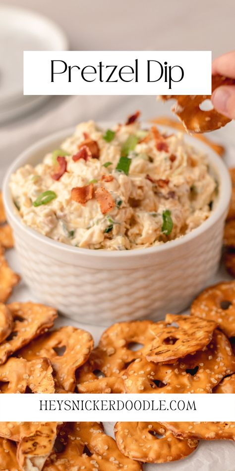 With bacon, cheddar cheese, and cream cheese mixed in, this Pretzel Dip recipe is a perfect one to make for an appetizer to share with a crowd and I bet there won't be any leftovers! Dip With Pretzel Chips, Best Cold Dip Recipes, Tailgate Food Ideas Cold, Easy Party Dips Crowd Pleasers, Party Dips Cold, Cream Cheese Pretzel Dip, Party Snacks For A Crowd, Pretzel Dips, Appetizer Foods