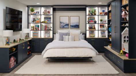 Custom Navy Blue Murphy Bed | Inspired Closets Inspired Closets, Playroom/guest Room, Bed Inspired, Murphy Bed Plans, Pull Out Bed, Lego Room, Design Consultation, Wall Bed, Custom Closet