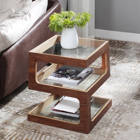 Modern Unique Square Side Table Storage End Table with Shelf 3-Tier Tempered Glass Walnut Veneer Side Tables Sofa, Side Tables In Living Room Modern, Living Room Side Table Decor Ideas, Side Table Decor Living Room Modern, Square Side Table Decor Living Room, Side Table Design Living Rooms, Sofa Side Table Decor, Side Table Design Bedroom, Sofa Side Table Design