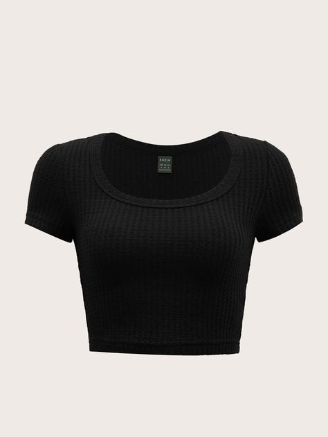 SHEIN Solid Crop Textured Knit Tee T Shirt Crop Top, Fashion Top Outfits, غرفة ملابس, Crop Top Outfits, Cute Crop Tops, Really Cute Outfits, Knit Tees, Textured Knit, Black Crop