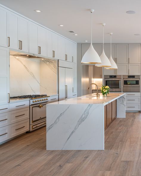 Marble Kitchen Island With Seating, Shaker Kitchen With Waterfall Island, Island Kitchen Waterfall, Modern Kitchen Waterfall Island, Island Marble Kitchen, Marble Wood Kitchen Island, White Marble Waterfall Island, Kitchen Island Quartz Counter Tops Waterfall, White Kitchen Cabinets With Waterfall Island