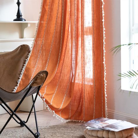 PRICES MAY VARY. ☻BOHO CHIC DESIGN☻ -- Featuring chic stitching french striped pattern on the orange cotton polyester fabric, along with beautiful tassel edge. This bohemian designed bedroom curtains will definitely increase the charm of the room. ☻CURTAINS 63 INCH LENGTH 2 PANELS☻ -- This boho country curtain measures 63" length x 52" width (tassels are not included) with built-in rod pocket which fits up to 3.5’’ Rod for Hanging. ☻FARMHOUSE ROOM DECOR☻ -- Textured curtain panels are perfect fo Boho Farmhouse Curtains, Country Window Treatments, Cortinas Boho, Bohemian Embroidery, Orange Curtains, Linen Curtain Panels, Elegant Bohemian, Bohemian Curtains, Farmhouse Room