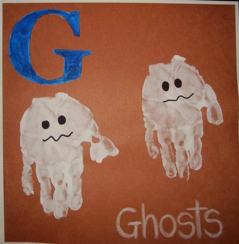 Our Week with the Letter G, early learning, Ghost hand prints Hand Print Ghost, Letter G Arts And Crafts For Preschool, G Activities, Letter G Crafts, Letter G Activities, Daycare Art, Preschool Letter Crafts, Alphabet Crafts Preschool, Abc Crafts