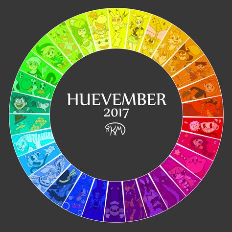 Here it is, at long last! The completed Huevember colour wheel. :'D So proud of this, my first time completing a month long challenge! This was really fun, but it'll be a while before I do another one lol. xD Now back to my school work!  Larger version viewable here! https://akysi.deviantart.com/art/Huevember-2017-COMPLETE-717817942 Colour Wheel Art Challenge, Colour Wheel Challenge, Color Wheel Art Challenge, Huevember Art, Huevember 2024, Color Wheel Challenge, Color Harmonies, Color Wheel Art, Drawing Challenges