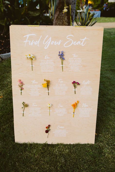 Ojai Rancho Inn Wedding | Art & Soul Events Fancy Garden Wedding, Place Name Ideas, Wedding Seating Plan Ideas, Marque Wedding, Wildflower Wedding Decor, Unique Seating Chart, Tableau Marriage, Swedish Culture, Wildflower Wedding Theme