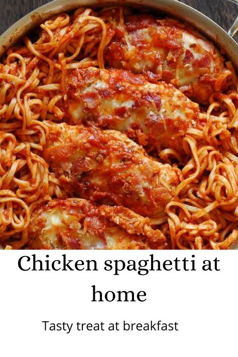 Chicken spaghetti Chicken Spaghetti With Bread Crumbs, Chicken For Spaghetti, Spaghetti Chicken Bake, Chicken With Spaghetti Sauce Recipes, Chicken In Spaghetti Sauce, Spaghetti With Chicken Breast, Baked Chicken Spaghetti Recipe Red Sauce, Easy Chicken And Spaghetti Recipes, Chicken Spaghetti With Marinara Sauce