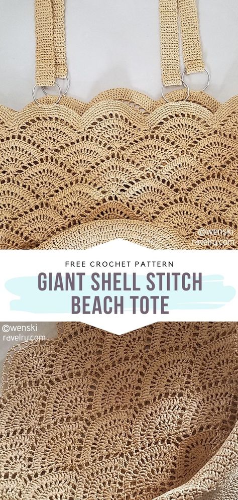 Giant Shell Stitch Beach Tote Free Crochet Pattern  This spectacular shell stitch is perfect for summer! It creates a beautiful scalloped edge as well as a solid form that will keep all your essentials safe. Lovely openwork makes the whole design look airy and delicate.  #crochetbag #crochetmarketbag #crochetpurse #freecrochetpattern Beach Bag Crochet Pattern, Crochet Shell Purse, Beach Crochet Patterns Free, Crochet Shell Bag Free Pattern, Shell Pattern Crochet, Beach Crochet Pattern, Scallop Stitch Crochet, Crochet Seashell Bag, Scallop Crochet Pattern