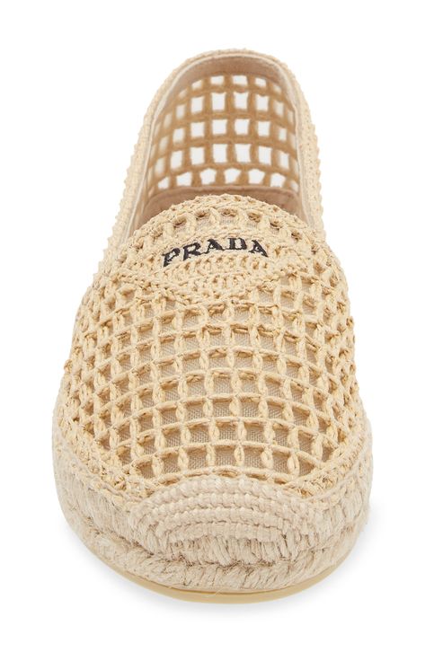 A mesh upper overlaid with woven raffia brings breezy charm to this laid-back espadrille branded with a subtle version of Prada's iconic triangular logo. 3/4" (19mm) platform (size 9US / 39EU) Textile upper and lining/synthetic sole Made in Spain Designer Shoes Crochet Boot Socks, Crochet Boots, Crochet Sandals, Knit Shoes, Knitted Flowers, Handbag Pattern, Woven Raffia, Freeform Crochet, Children Shoes