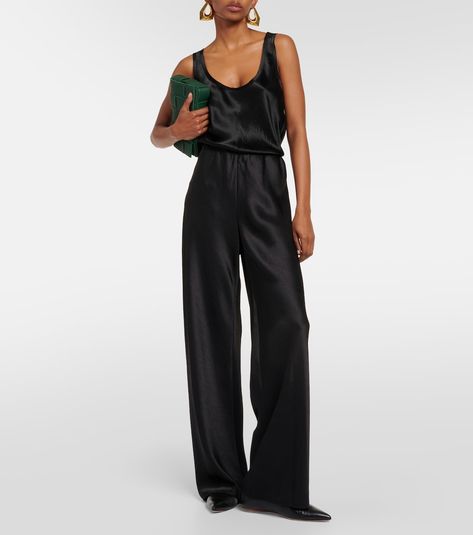 Black Satin Pants Outfit, Satin Pants Outfit, Black Satin Pants, Black Silk Pants, Vince Clothing, Satin Tank Top, Satin Pants, High Rise Pants, Silk Pants