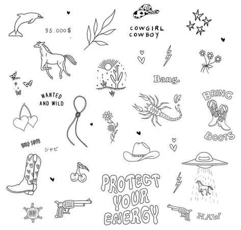 Country Tiny Tattoo, Country Minimalist Tattoo, Small Tattoo Sheet Ideas, Texas Inspired Tattoo Small, Minimalist Cowgirl Tattoo, Western Flash Art Tattoo, Tiny Punchy Tattoos, Yeehaw Finger Tattoo, Western Country Tattoo