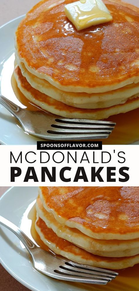 Thick, fluffy pancakes make the ultimate breakfast. This McDonald's copycat pancakes will definitely fit the bill. With just a few simple ingredients and 20 minutes, you can easily make this delicious pancakes right at your own kitchen. #pancakes #mcdonaldscopycat #breakfast #copycatrecipes How To Make Thick Fluffy Pancakes, Eggs And Pancakes Breakfast, Mcdonald Pancake Recipe, Copycat Krusteaz Pancakes, Heavy Cream Pancakes, Dennys Pancakes Copycat, Copycat Mcdonald’s Pancake, Copycat Ihop Pancakes Recipes, Pancakes With Sprite