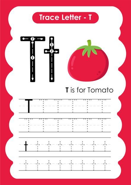 Alphabet tracing worksheet with letter t... | Premium Vector #Freepik #vector #education #cartoon #fruit #alphabet Letter T Words, T Words, Fruit Alphabet, Trace Letters, Education Cartoon, V Alphabet, Memory Book School, Abc Tracing, Vector Alphabet