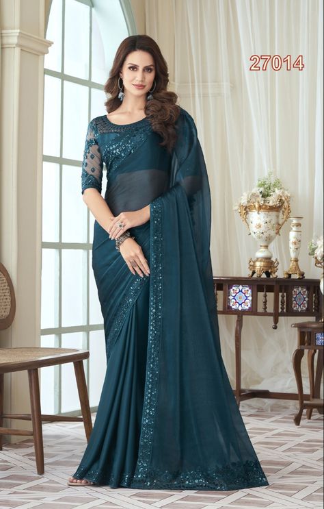 Glass silk fancy saree soft silk rama colour Teal Blue Saree, Teal Blue Blouse, Blue Color Saree, Classic Saree, Blue Silk Saree, Teal Blue Color, Color Blouse, Lehenga Choli Online, Ready To Wear Saree