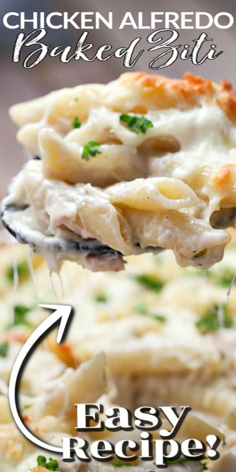 This CHICKEN ALFREDO BAKED ZITI is so easy to make. With chicken, bacon, pasta and a creamy, cheesy homemade Alfredo sauce, it's the best weeknight chicken casserole dish. #bakedziti #chickenalfredo #zitirecipe #chickencasserole Chicken Alfredo Baked Ziti, Alfredo Baked Ziti, Chicken Casserole Dishes, Baked Ziti With Chicken, Chicken Bacon Pasta, Weeknight Chicken, Easy Baked Ziti, Chicken Alfredo Bake, Ziti Recipes