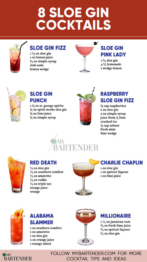 Sloe Gin Cocktails Gin Recipes Cocktails, Gin Cocktails Easy, Sour Cocktail Recipes, Sloe Gin Recipe, Sloe Gin Cocktails, Sloe Gin Fizz, Best Gin Cocktails, Bartender Drinks Recipes, Classic Gin Cocktails