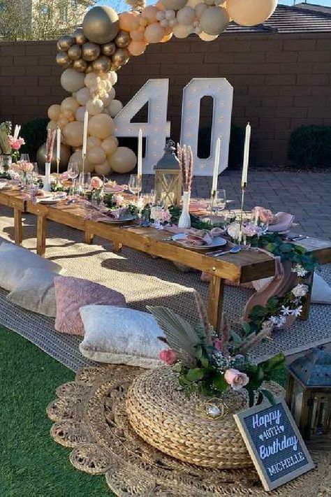 Fall 40th Birthday Party Ideas For Women, Bohemian 40th Birthday Party, 40th Birthday Ideas For Women Outdoors, 40th Home Party Ideas, 40th Garden Party Ideas, Rustic Party Ideas Birthday, 40th Garden Party, 40th Brunch Birthday Ideas, Boho 40th Birthday Party Ideas