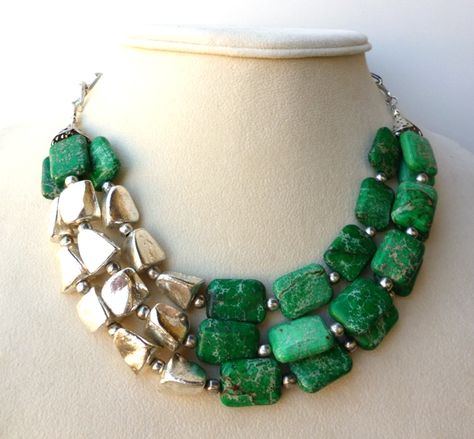 Triple Strand Green Imperial Jasper and Silver Statement Necklace by Big Skies Jewellery Green Gemstone Necklace, Blue Sapphire Necklace, Dainty Diamond Necklace, Imperial Jasper, Silver Necklace Statement, Chunky Jewelry, Green Beads, Gemstone Jewelry Handmade, A Necklace