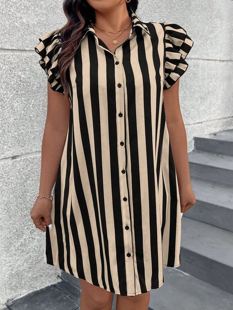 Plus Size Women's Summer Cap Sleeve Striped Single-Breasted Casual Shirt Dress Apricot   Cap Sleeve Woven Fabric  Shirt Non-Stretch  Women Plus Clothing, size features are:Bust: ,Length: ,Sleeve Length: Dress For Chubby Ladies, Boubou Styles For Women, Classy Short Dresses, Casual Dresses Plus Size, Short African Dresses, African Inspired Clothing, Summer Cap, Modest Dresses Casual, Elegant Dresses Classy