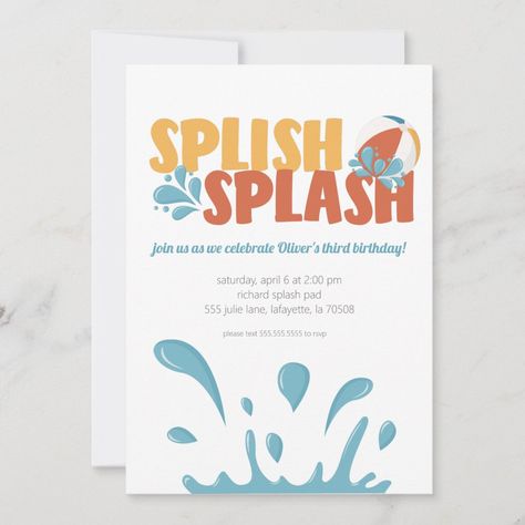 Splish Splash Summer Birthday Bash Invitations | #splishsplash #summer #birthdaybash #invitations #waterslide #splashpad #waterpark #beach #kid #party Summer Birthday Invitations, Birthday Party At Park, 92nd Birthday, Pool Party Birthday Invitations, Park Birthday, Splash Park, Pool Birthday, Pool Birthday Party, Splash Pad