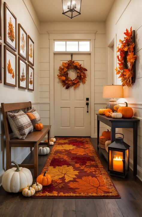 Step into a warm embrace of autumn with this beautifully decorated hallway. Featuring plaid touches and delightful seasonal decor like pumpkins and a leafy wreath, this space radiates charm. The gentle glow and nature-inspired artwork create a welcoming ambiance that beckons you home! #homedecor #homedesign #falldecor #falldesign #fallhomedecor #autumnhomedesign Fall Floor Decor, By The Door Decor Entryway, Autumn Entrance Decor, Fall House Decor Outdoor, Fall Home Decor Front Porch, Main Entrance Decor Ideas, Thanksgiving Entryway, Fall Living Room Ideas, Fall Entry