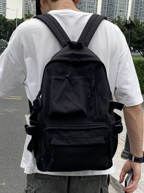 Black    Polyester Plain     Men Bags College Bags For Boys, Fun Backpacks, Grunge Backpack, Bagpack Men, Cool Backpacks For Men, Boys Backpack, Tech Clothing, Clothes Cc, Aesthetic Backpack