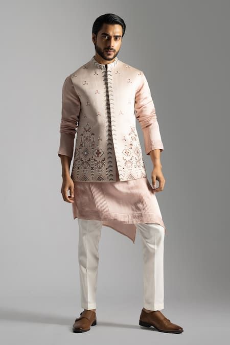 Mirror Embroidery, Kurta Set For Men, Mens Kurta Designs, Cream Pants, Nehru Jacket, Nehru Jackets, Kurta With Pants, Satin Color, Thread Embroidery