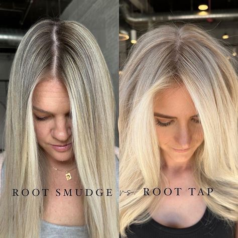 Highlights On Grown Out Roots, Blonde Root Grown Out, Highlight Touch Up Hair Roots, Full Head Blonde Highlights With Root Smudge, Blonde Highlights Close To Root, Blonde Root Touch Up Highlights, Root Smudge Vs Shadow Root, Root Tap With Money Piece, Blonde Babylights With Root Smudge