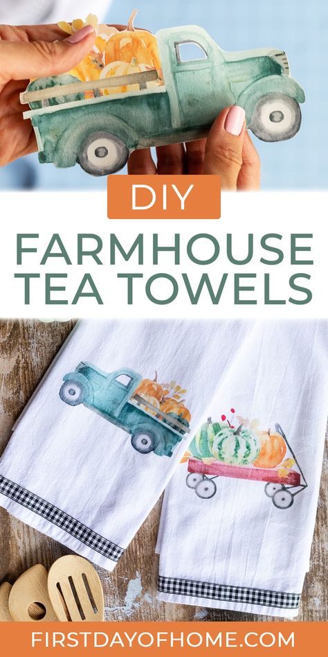 Learn how to make DIY tea towels with image transfers for instant fall decor. This simple tutorial shows you how to create a custom kitchen towel with any image you choose. It's the perfect home decor accent for fall or Christmas. #firstdayofhome #diy #falldecor #fallcrafts Tee Towels Gift Ideas, Diy Christmas Towels Homemade Gifts, Printing On Tea Towels Diy, Holiday Tea Towels Cricut, Fall Towels Diy, How To Make Kitchen Towels Diy, Painting On Tea Towels, Tea Towels Crafts Projects, How To Make Tea Towels Diy