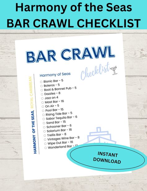 Bar Crawl Harmony of the seas Checklist, Booze Cruise checklist, Game Bar Crawl, Printable, Royal Caribbean, Scavenger Hunt #boozecruise Cruise Checklist, Scavenger Hunt Ideas, Symphony Of The Seas, Booze Cruise, Harmony Of The Seas, Tequila Bar, Bar Crawl, Drinking Party, Drinking Quotes