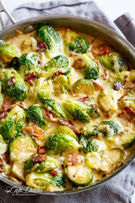 Brussels Sprouts Bacon, Parmesan Brussels Sprouts, Sprouts And Bacon, Cafe Delites, Bacon Brussel Sprouts, Sprouts With Bacon, Sprout Recipes, Brussels Sprouts Recipe, Veggie Side Dishes