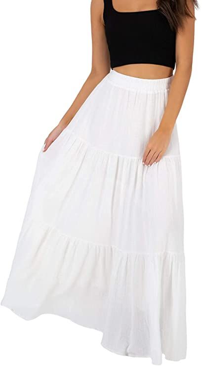 Amazon.com: Annebouti Women White Elastic Waist Boho Summer A Line Beach Tiered Maxi Skirt : Clothing, Shoes & Jewelry A Line Maxi Skirt, Long Tiered Skirt, Long Flowy Skirt, Ootd Aesthetic, Flowy Maxi Skirts, High Waisted Maxi Skirt, Maxi Skirt Boho, Awesome Blouse, Tiered Maxi Skirt