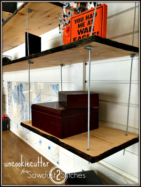 Hanging Shelves with Faux Live Edge and Galvanized Wire - Sawdust 2 Stitches Garage Organization Hacks, Faux Live Edge, Hanging Garage Shelves, Garage Wall Shelving, Diy Bookshelves, Overhead Garage Storage, Garage Storage Racks, Helpful Hacks, Garage Storage Solutions