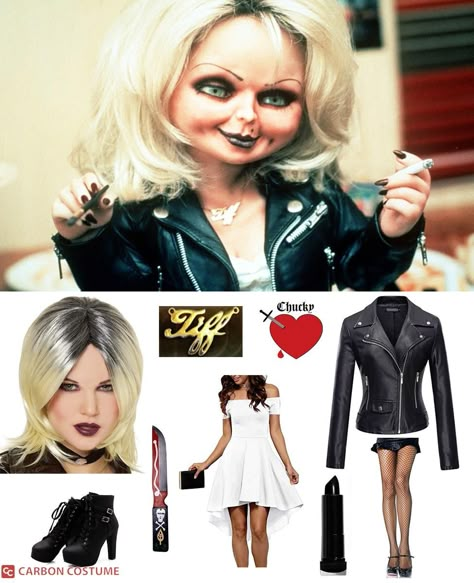 Chuck And Bride Of Chucky Costume, Chuckle And Tiffany Costume, Female Chucky Halloween Costume, Easy Halloween Costumes Blonde Hair, Chuckie And Bride Costume, Chucky’s Bride, Diy Tiffany Costume Chucky, Halloween Costumes Horror Movies Women, Halloween Costumes Tiffany