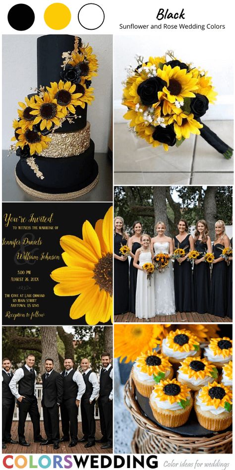 Black Maroon And Sunflower Wedding, Black Roses With Sunflowers, Sunflowers And Black Roses, Black Wedding With Sunflowers, Sunflower And Black Wedding, Black And Yellow Wedding Theme, Black And Sunflower Wedding, Sunflower Wedding Dress, Sunflower And Rose Wedding