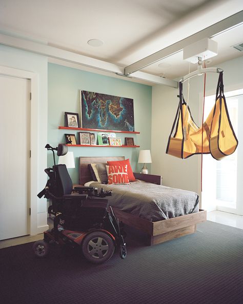 A Baltimore father builds a house with accessibility in mind—and finds a new calling in the process. Universal Design Bedroom, Ada Bedroom, Accessible House Plans, Accessible Homes, Accessible House, Disabled Bathroom, Traditional House Plans, Shelves In Bedroom, Wheelchair Accessible