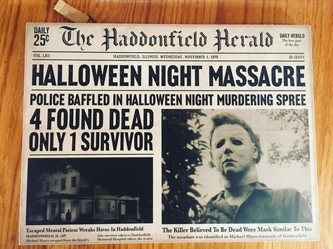 Movie Character Posters, Halloween History, Classic Movie Characters, Halloween Movie Night, Newspaper Art, Horror Decor, Film Horror, Vintage Halloween Decorations, Michael Myers Halloween