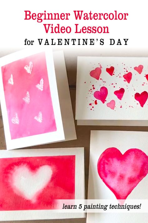 Art project for Valentine's Day. Create four Valentine's Day cards with this easy watercolor painting tutorial for beginners. Learn several watercolor techniques during this Valentine's Day art lesson! For a complete supply list visit: https://mycreativeresolution.com/2021/01/29/easy-watercolor-valentines-day-cards-for-beginners-painting-lesson/ #valentinesday #diyvalentinesday #diyvalentinesdaycards #valentinesdaypaintingideas Easy Watercolor Valentines, Water Paint Valentines Card, Valentines Water Color Kids, Valentine’s Day Card Watercolor, Valentine’s Day Watercolor Painting, Diy Watercolor Cards, Valentines Day Drawing, Valentines Watercolor, Diy Valentines Cards