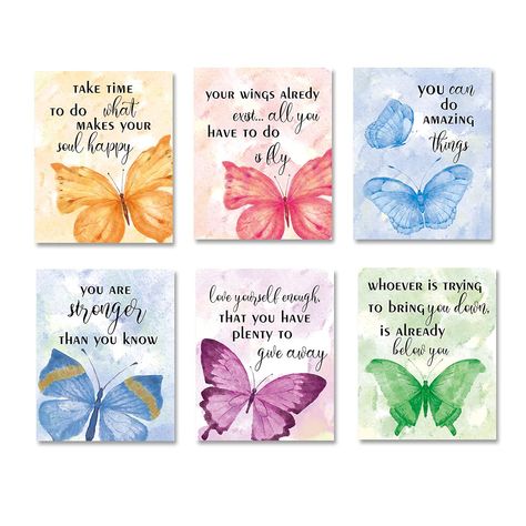 PRICES MAY VARY. 【UNFRAMED】Watercolor butterfly inspirational quote wall art prints - (Set of 6) - Unframed - 8x10inch 【BUTTERFLY QUOTE WALL ART】 Colorful butterfly with inspirational quote make them more suitable for decoration in the girls bedroom, office, classroom, living room, kids bedroom, guest room, playroom 【HIGH QUALITY】 High definition colorful garden butterflies quote printed on high quality canvas. They are wrapped in a great package and you can treat it as a gift. 【PERFECT GIFT IDE Bilik Tidur Perempuan, Art Affirmations, Art Papillon, Butterfly Quotes, Watercolor Butterfly, Inspirational Quotes Wall Art, Cat Air, Painting Quotes, Wall Decor Quotes