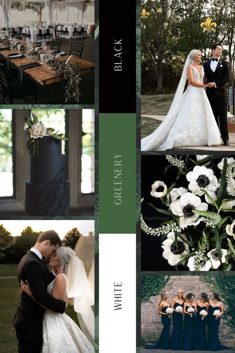 Black white and greenery wedding mood board styled with Madison gown by Elizabeth Lee Bridal. Utah wedding dress vendor. Black Garden Wedding Theme, Black And White Wedding Bride And Groom, Deep Green And Black Wedding, Black Wedding Colour Scheme, Winter Wedding Minimalist, March Wedding Themes, Wedding With Guests In Black, Black White And Olive Green Wedding, Black Garden Wedding