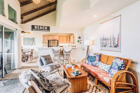 Boho Surf Shack, Beach Shack Interior, Airbnb Aesthetic, Surf Shack Decor, Surf Style Home, Beautiful Airbnb, Boho Beach House, Condo Living Room, Bali Hai