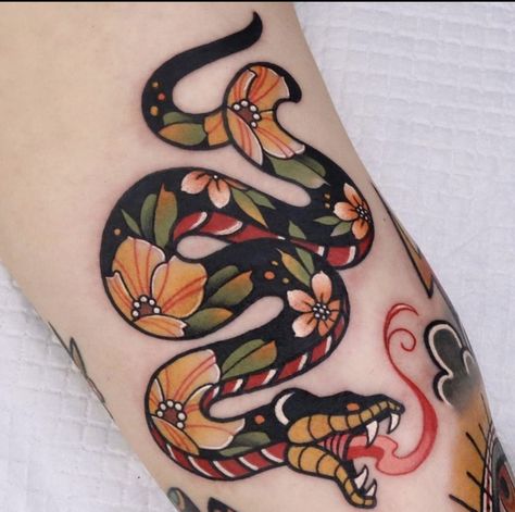 Neotrad Leg Tattoo, Old School Cover Up Tattoo, Neo Traditional Leg Tattoo, Feminine Traditional Tattoo, Neo Traditional Tattoos, Traditional Snake Tattoo, Mom Of Twins, Traditional Tattoo Inspiration, Traditional Tattoo Flowers