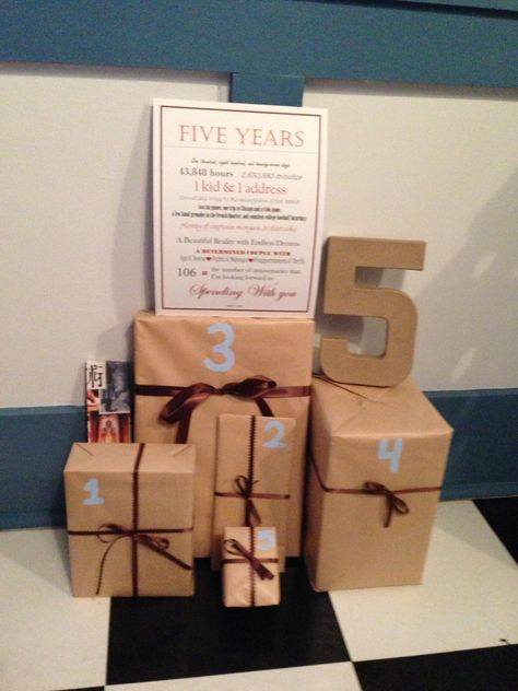 5 year anniversary.  1 gift that reminds you of each year of marriage!  My husband loved this! 5th Anniversary Gift Ideas, Anniversary Gift Ideas For Him, Wedding Husband, Veil Updo, 5th Wedding Anniversary Gift, Five Year Anniversary, Romantic Anniversary Gifts, 5 Year Anniversary Gift, Anniversary Gift Ideas