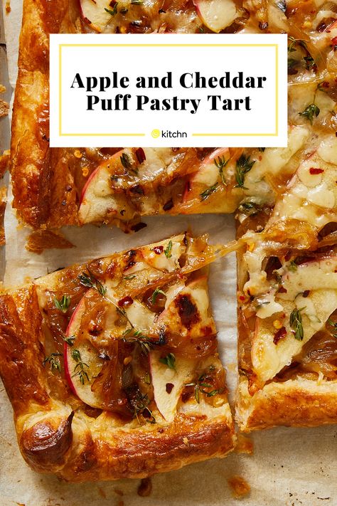 Savory Tarts Puff Pastry, Apple Cheese Tart, Fall Puff Pastry Recipes Savory, Apple Cheddar Bundles, Apple Recipes Puff Pastry, Puff Pastry Apps, Onion Tart Puff Pastry, Puff Pastry App, Honey Baking