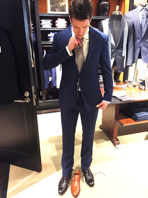 DAN'S SUIT POSSIBILITY: We're thinking he will wear a dark blue tie, but we're still thinking about shoes, black vs. camel. Dark Blue Suit With Brown Shoes, Blue Suit With Black Shoes, Blue Suit Black Shoes, Dark Blue Tie, Dark Blue Dress, Navy Blue Suit, Suit Black, Blue Tie, Wedding Bridesmaid Dresses