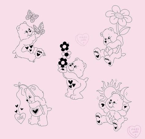 Care Bear Tattoos For Women, Tender Heart Bear Tattoo, Tattoo Ideas Carebear, Tiny Care Bear Tattoo, Boo Boo Bear Tattoo, Carebear Star Tattoo, Love A Lot Care Bear Tattoo, Matching Care Bear Tattoos, Carebear Tattoo Ideas