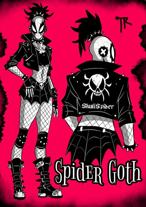 Goth Superhero Character Design, Spider Man Custom Suits, Spidersona Outfit Ideas, Goth Spiderman, Spiderman Suit Ideas, Female Spidersona, Spider Suits, Spiderman Oc Art, Goth Spider