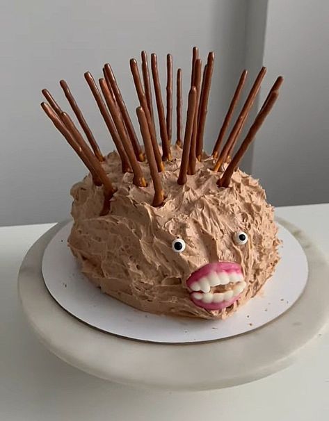 Heghog Cake Fail, Headchog Cake, Ugly Hedgehog Cake, Cursed Hedgehog Cake, Alternative Birthday Cake Ideas, Ugly Cakes Funny, Porcupine Cake, Silly Cakes, Weird Cakes