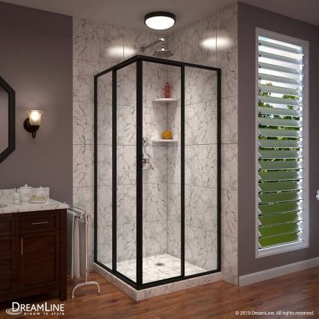 Cornerview Sliding Shower Enclosure Clear Glass Shower Door, Corner Shower Kits, Dreamline Shower, Black Shower Doors, Shower Base, Sliding Shower Door, White Floors, Black Shower, Corner Shower