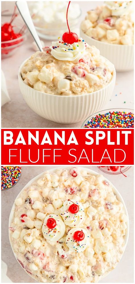 Banana Split Fluff Salad, Banana Split Fluff, Fluff Salad, Best Fruit Salad, Sweet Cravings, Small Desserts, Indulgent Desserts, Summer Dessert, Banana Split