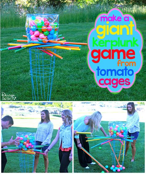 Make a giant outdoor kerplunk game using tomato cages! Easy to make no special tools needed.  Design Dazzle #summerfun Outdoor Kerplunk, Kids Summer Activities Outdoor, Kerplunk Game, Games To Play Outside, Outside Games, Fun Outdoor Games, Tomato Cages, Outdoor Activities For Kids, Yard Games